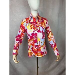 Vintage 1970s Plus Size Psychedelic Blouse Dagger Collar Top Mod MCM Disco L XL